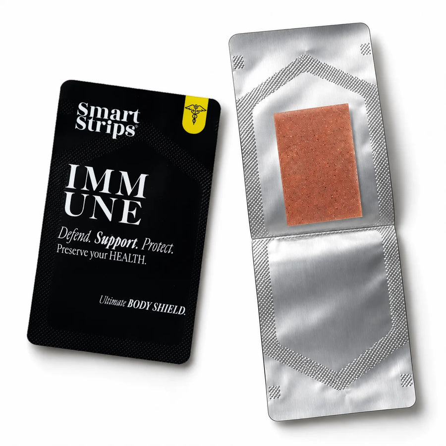 Smart Strips IMMUNE sachet next to an opened sachet with the oral dissolvable strip inside