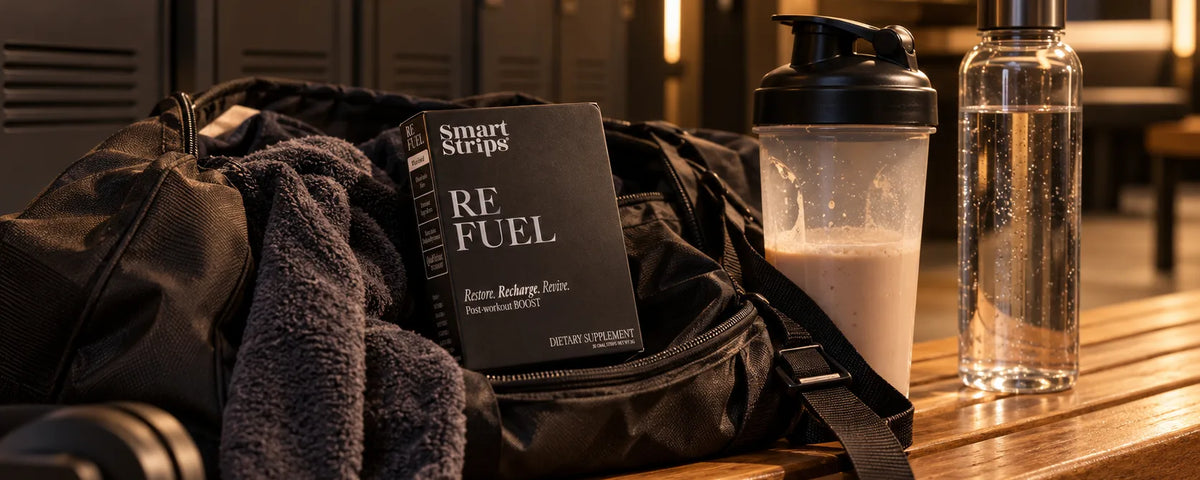 Smart Strips REFUEL box on a sports bag on a changing-room bench, with a shaker and a water bottle