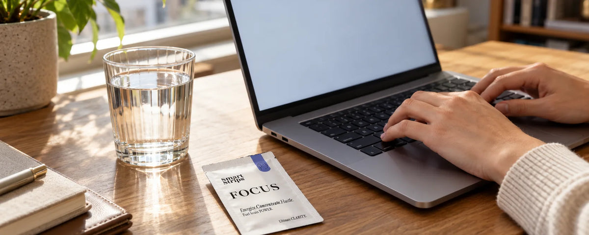 Desk by a window with a laptop, a glass of water and a Smart Strips FOCUS sachet beside the keyboard
