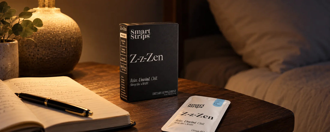 Smart Strips Z-z-Zen box and an opened sachet on a bedside table under a warm lamp, beside an open notebook and pen
