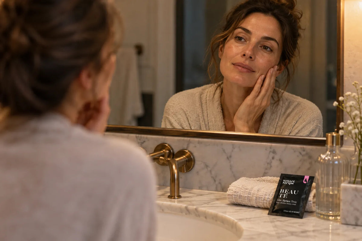 Woman with natural skin looking into a bathroom mirror and touching her cheek, a Smart Strips BEAUTÉ sachet on the sink
