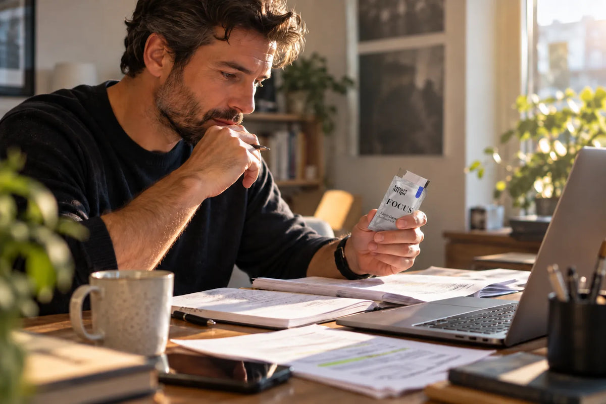 Man working at a home office desk with a laptop and notes, holding a Smart Strips FOCUS sachet in the afternoon light