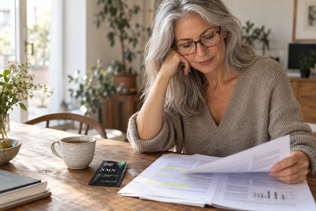 Silver-haired woman in glasses reading a printed research paper at a wooden table, with tea and a Smart Strips NMN sachet