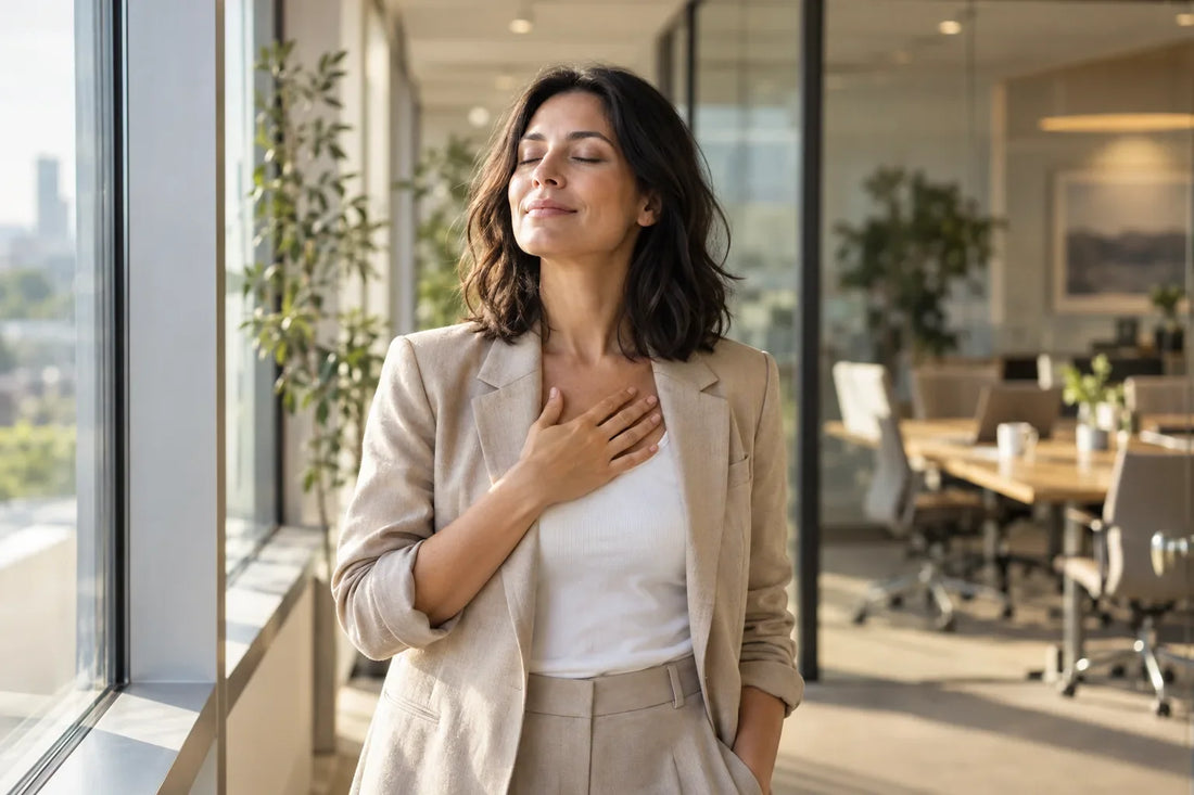 Woman in a beige linen suit pausing by a sunlit office window with her eyes closed and a hand on her chest, taking a slow calming breath before a meeting