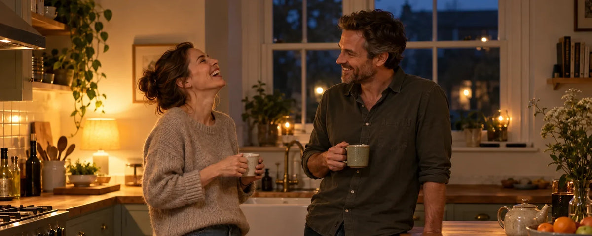 Couple in their forties laughing together in a warm kitchen in the evening, their phones set aside on the windowsill