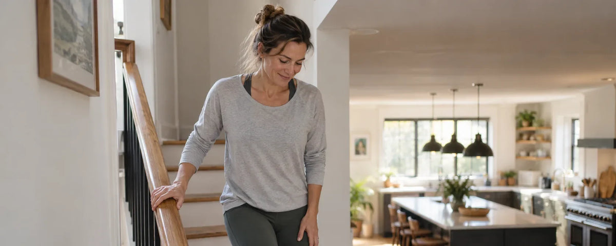 Woman in sportswear walking carefully down the stairs at home in the morning, one hand on the handrail