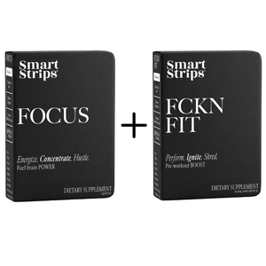 Two black boxes of Smart Strips dietary supplements, one labeled 'Focus' and the other 'FCKN Fit'. 2