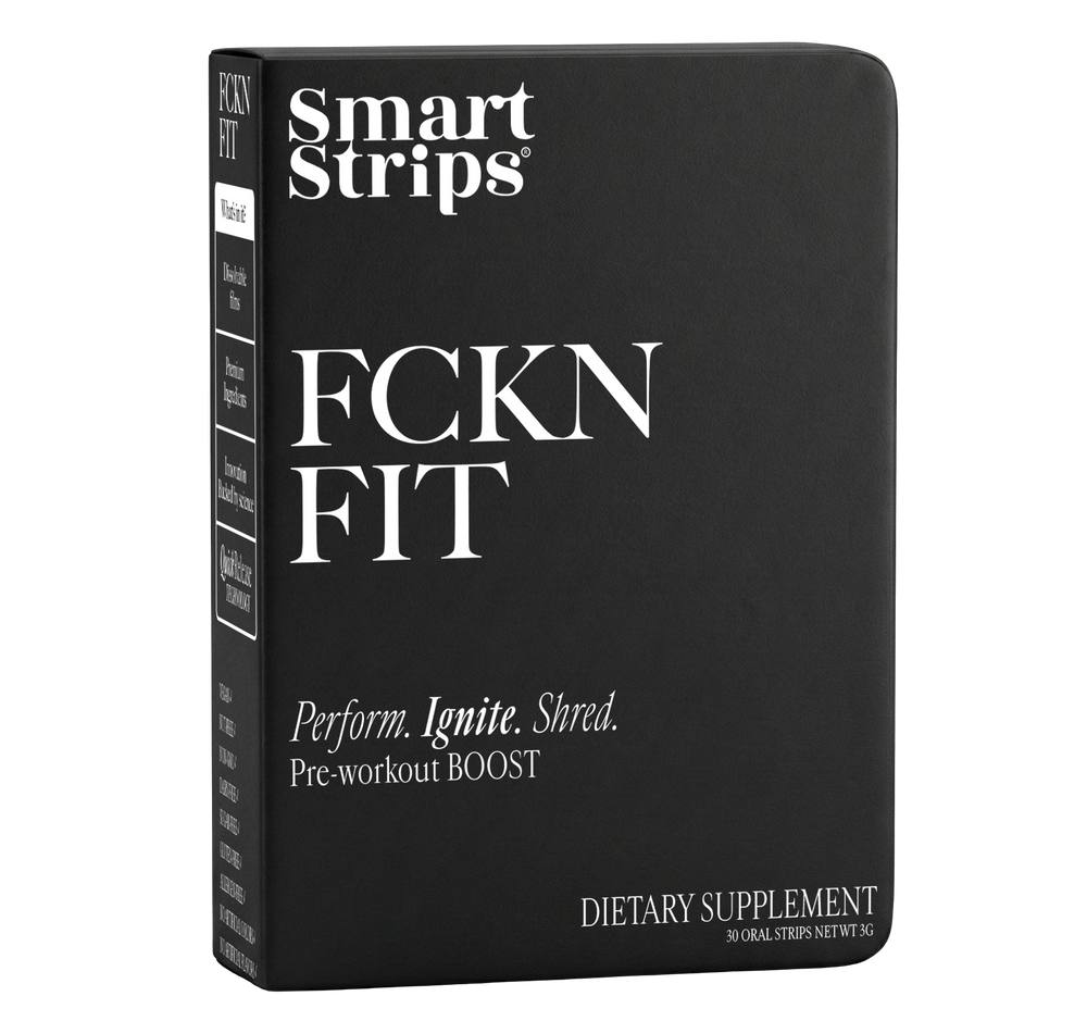 Two black boxes of Smart Strips dietary supplements labeled 'FCKN FIT' and 'RE FUEL' on a white background.
