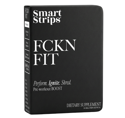Black box of Smart Strips FCKN FIT dietary supplement with white text on a white background