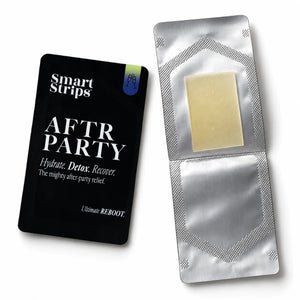 Smart Strips AFTR PARTY sachet next to an opened sachet with the oral dissolvable strip inside