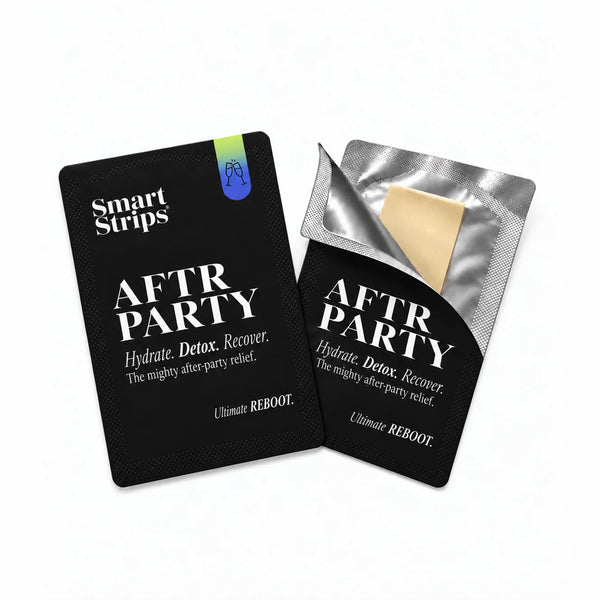 Smart Strips AFTR PARTY sachet and a half-opened sachet showing the oral dissolvable strip