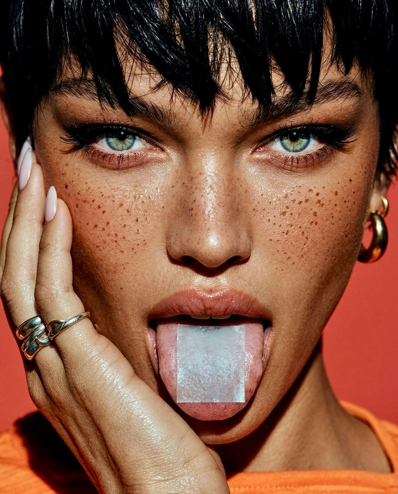 Woman with freckles showing a Smart Strips oral dissolvable strip on her tongue against an orange background