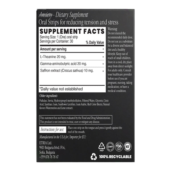 Smart Strips ANXIETY oral dissolvable strips, supplement facts label