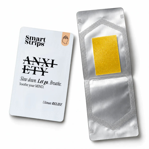 Smart Strips ANXIETY sachet next to an opened sachet with the oral dissolvable strip inside
