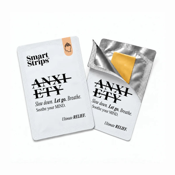 Smart Strips ANXIETY sachet and a half-opened sachet showing the oral dissolvable strip