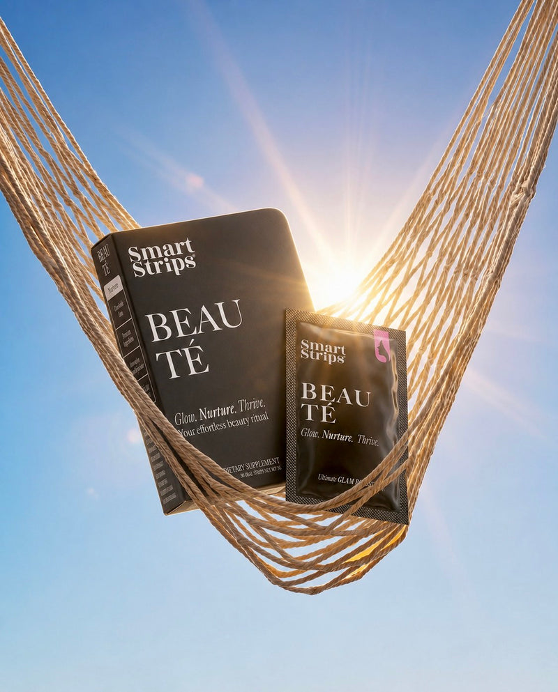 Smart Strips BEAUTÉ box and sachet resting in a rope hammock against a sunny blue sky