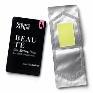 Smart Strips BEAUTÉ sachet next to an opened sachet with the oral dissolvable strip inside