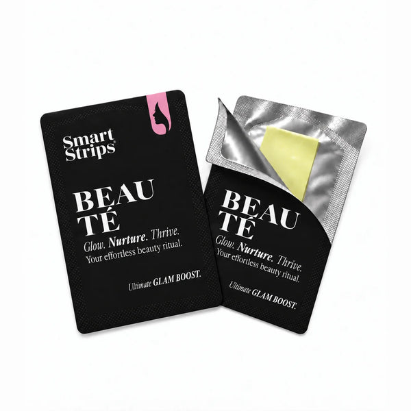 Smart Strips BEAUTÉ sachet and a half-opened sachet showing the oral dissolvable strip