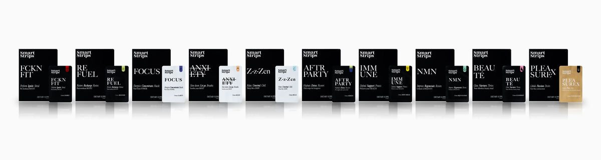 All ten Smart Strips oral dissolvable strip boxes in a row, each with its sachet