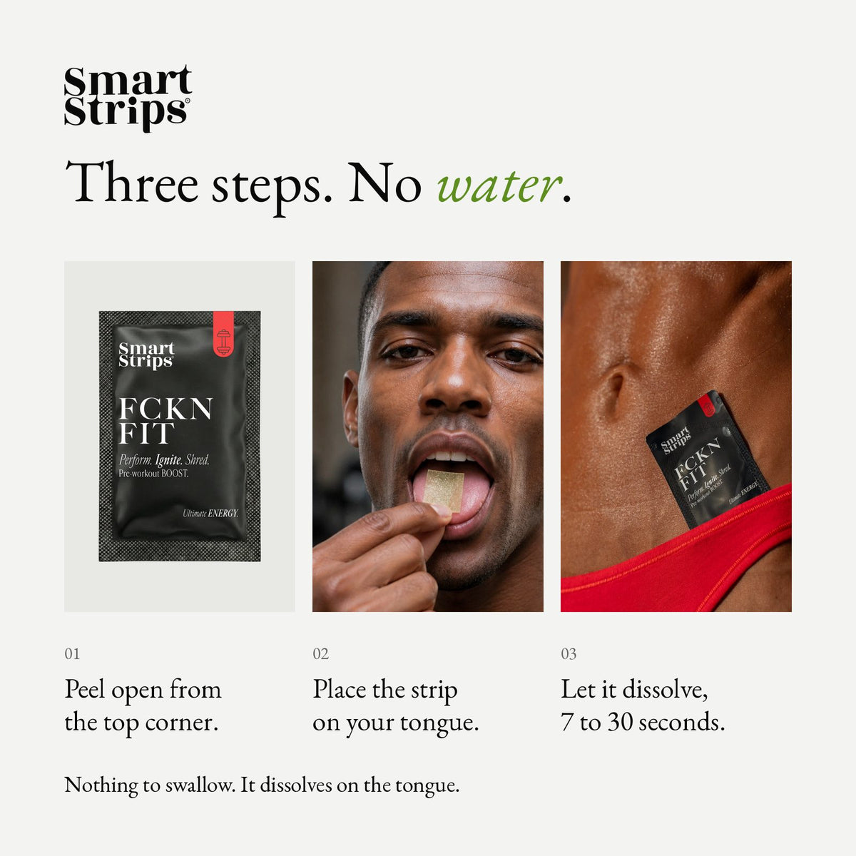 Smart Strips FCKN FIT oral dissolvable strips, how to use in three steps