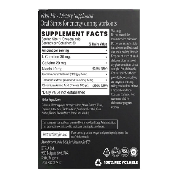 Smart Strips FCKN FIT oral dissolvable strips, supplement facts label