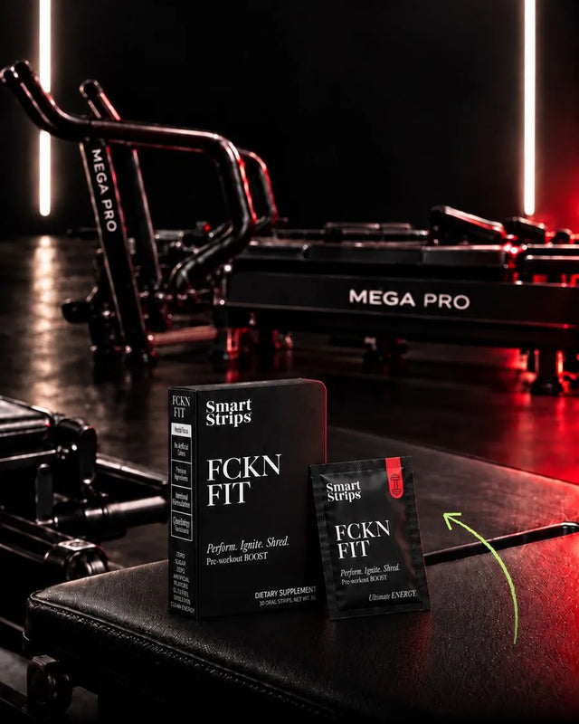 Smart Strips FCKN FIT box and sachet next to the Mega Pro Lagree machine at Obsidian