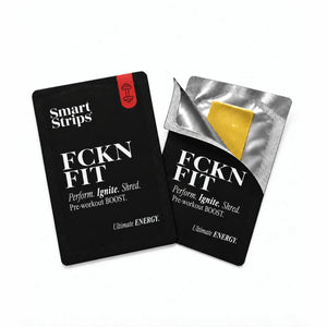 Smart Strips FCKN FIT sachet and a half-opened sachet showing the oral dissolvable strip