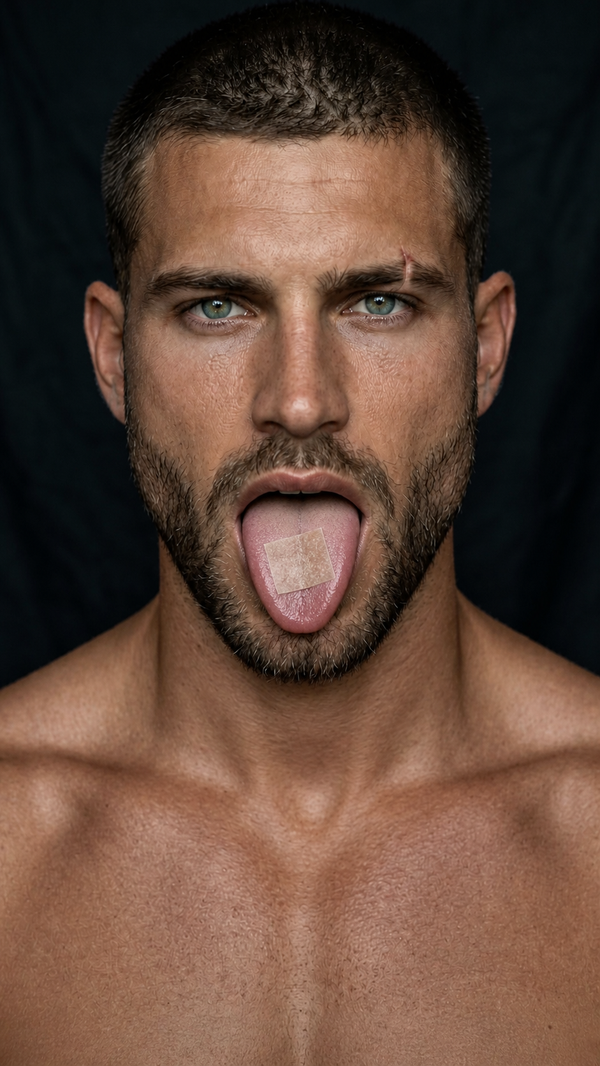 Man with an oral dissolvable strip on his tongue, showing how Smart Strips are taken