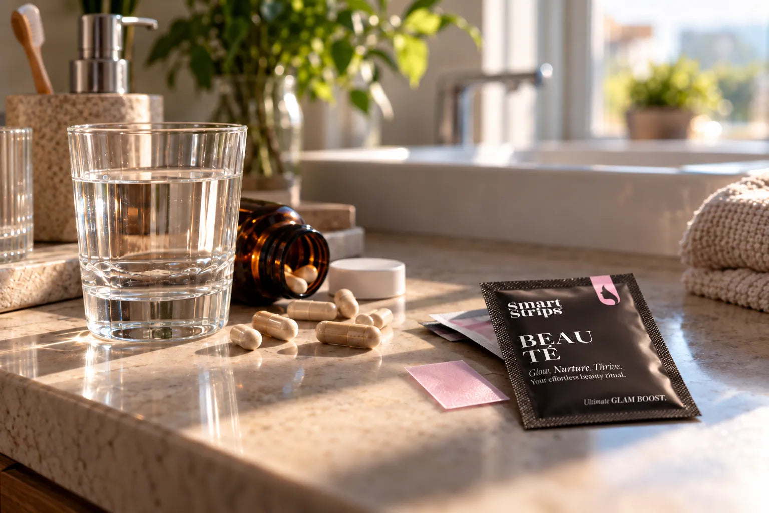 Smart Strips BEAUTÉ sachet and its pink oral strip on a stone counter next to a glass of water and spilled capsules