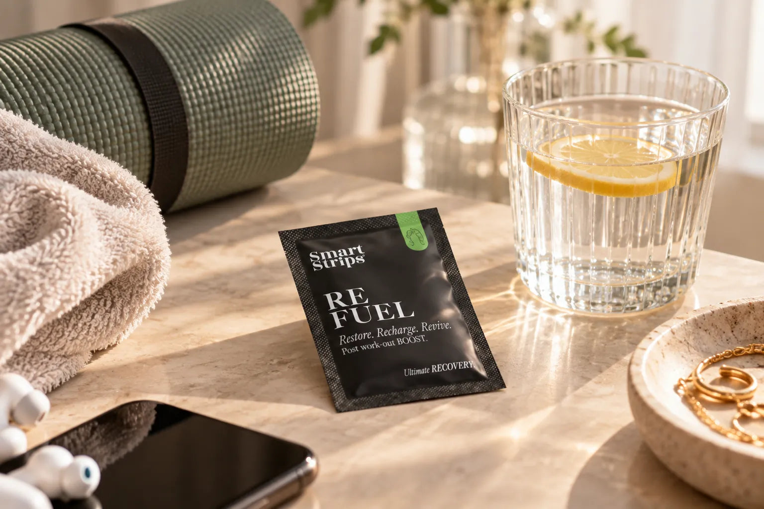 Smart Strips REFUEL post-workout sachet on a table with a glass of lemon water, a rolled yoga mat and a towel