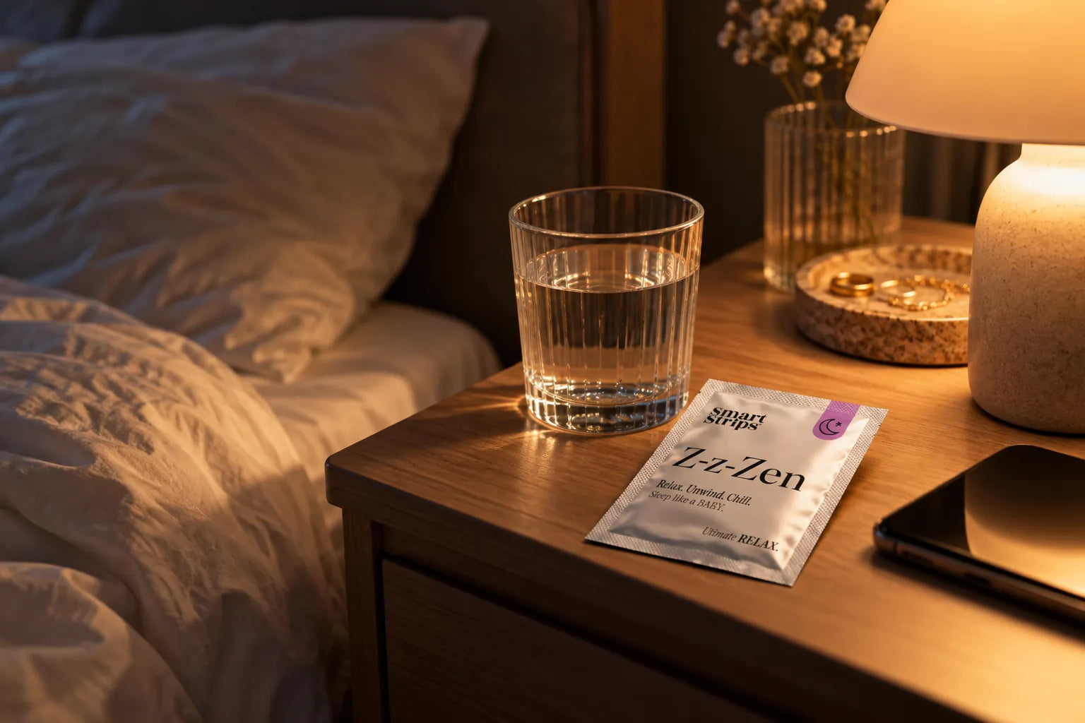Smart Strips Z-z-Zen sleep strip sachet on a bedside table with a glass of water, a phone and a warm lamp