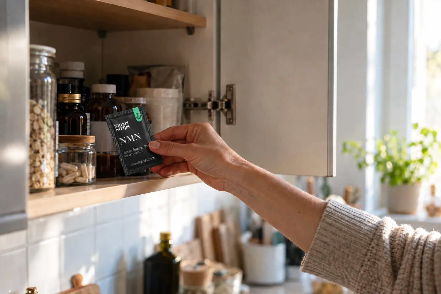 Hand taking a Smart Strips NMN sachet from a kitchen cabinet shelf next to jars of capsules and supplement bottles