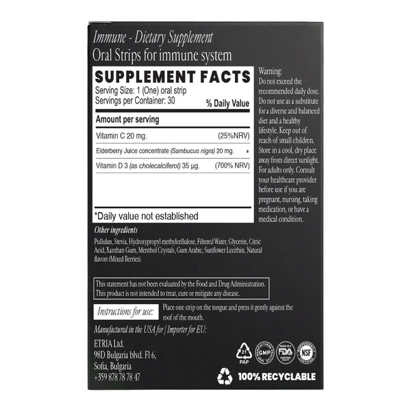 Smart Strips IMMUNE oral dissolvable strips, supplement facts label