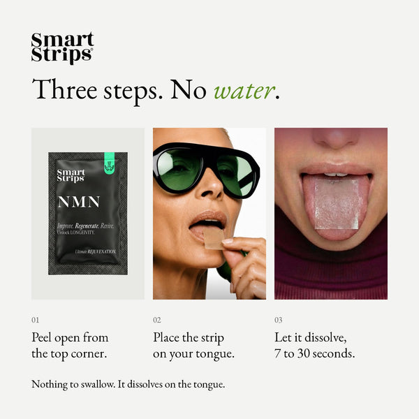 Smart Strips NMN oral dissolvable strips, how to use in three steps