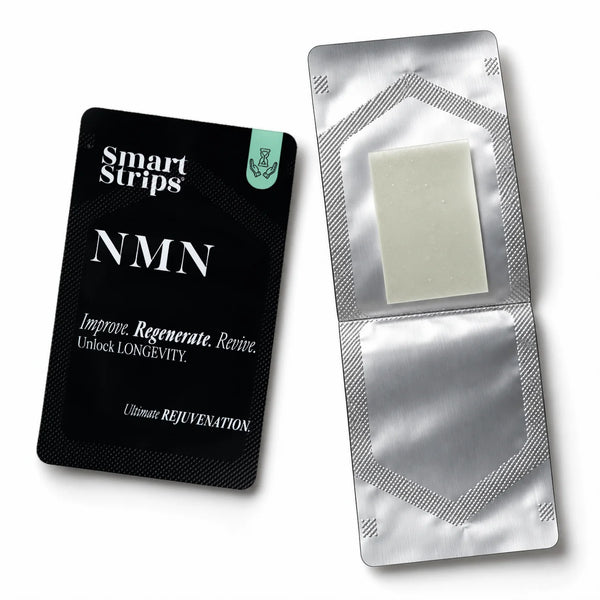 Smart Strips NMN sachet next to an opened sachet with the oral dissolvable strip inside