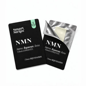 Smart Strips NMN sachet and a half-opened sachet showing the oral dissolvable strip