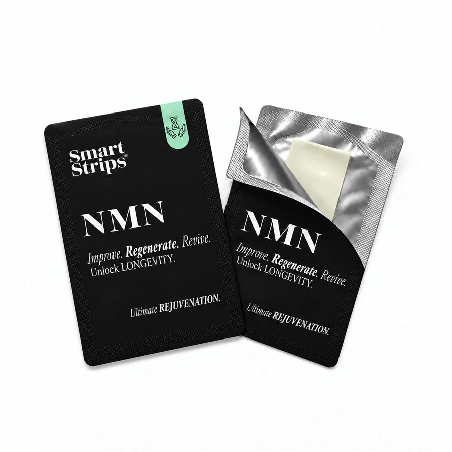 Саше Smart Strips NMN и наполовина отворено саше, от което се вижда оралната разтворима лента