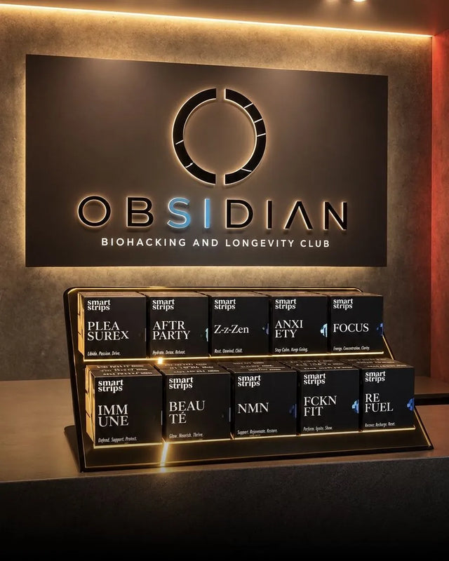 All 10 Smart Strips formulas on a display at the reception of Obsidian Biohacking and Longevity Club in Sofia
