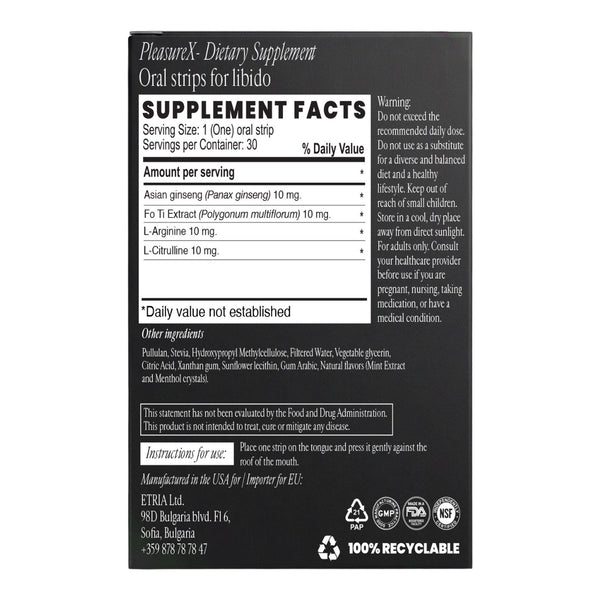 Smart Strips PLEASUREX oral dissolvable strips, supplement facts label