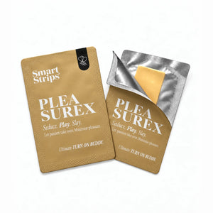 Smart Strips PLEASUREX sachet and a half-opened sachet showing the oral dissolvable strip
