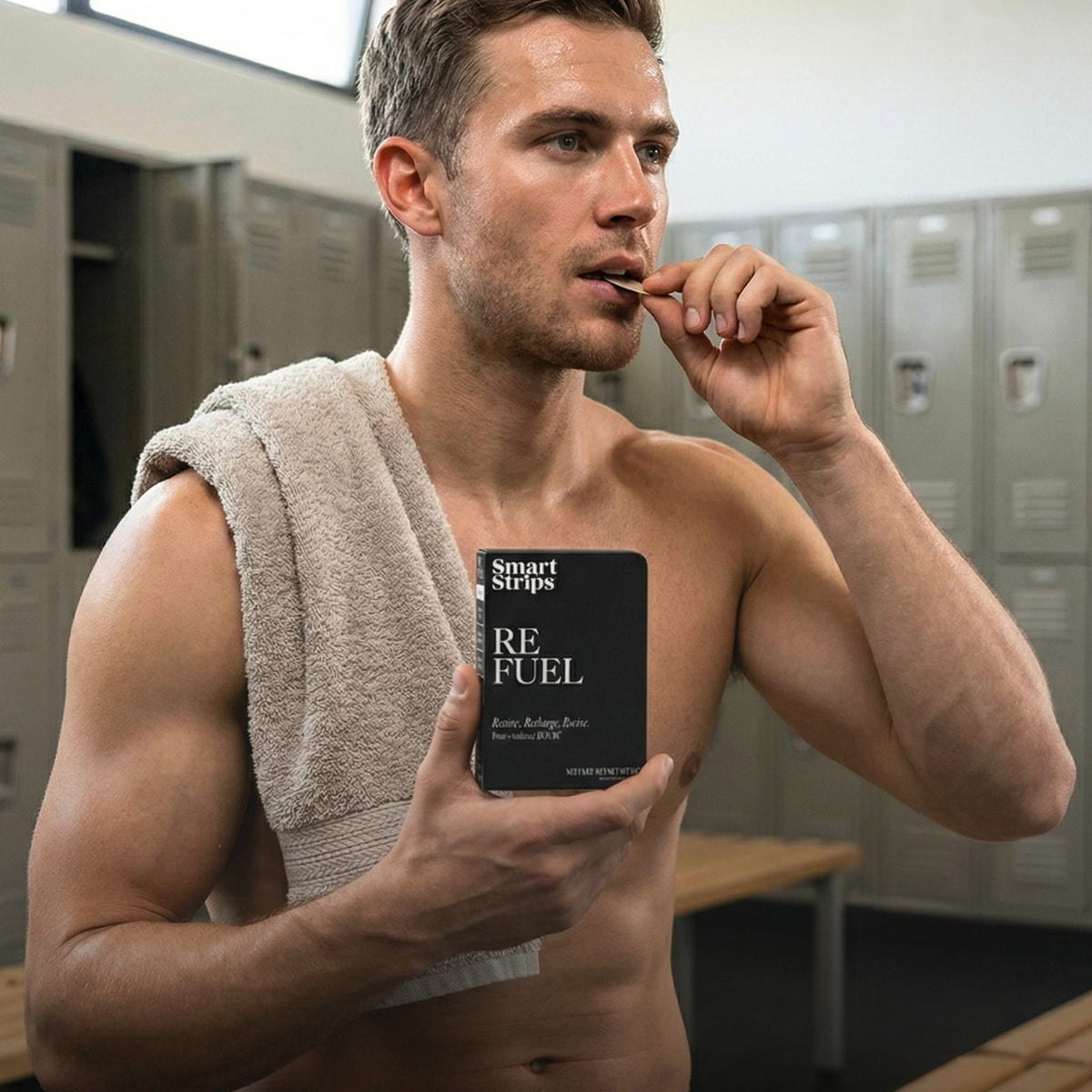 Smart Strips REFUEL oral dissolvable strips, man in the locker room after a workout