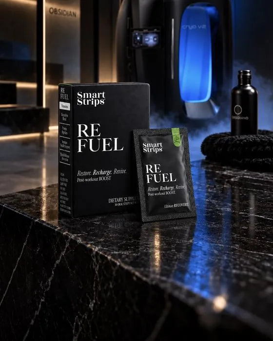 Smart Strips REFUEL box and sachet on a marble counter in front of the cryotherapy chamber at Obsidian