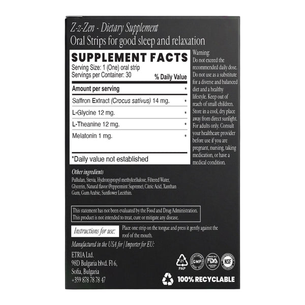 Smart Strips Z-z-Zen oral dissolvable strips, supplement facts label