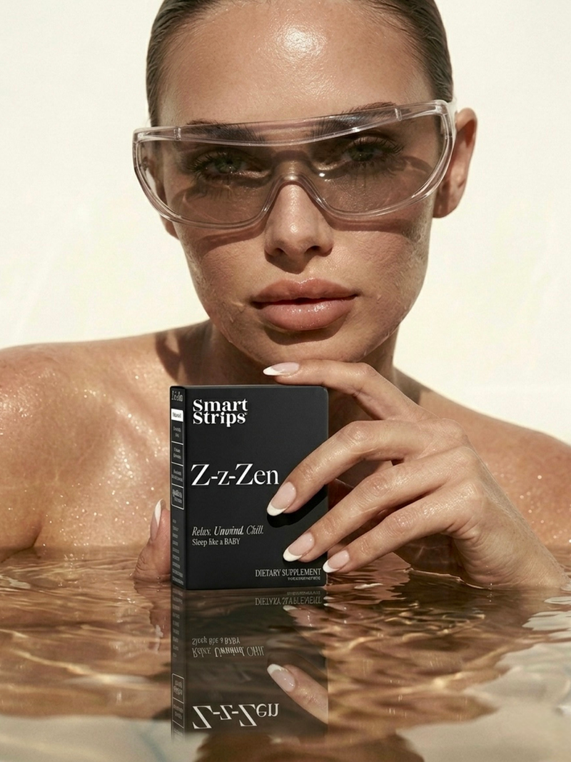Woman in clear sunglasses in water holding a box of Smart Strips Z-z-Zen sleep oral dissolvable strips